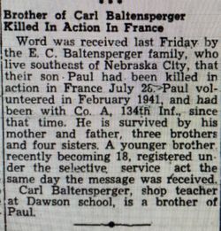 Pfc Paul F Baltensperger obituary