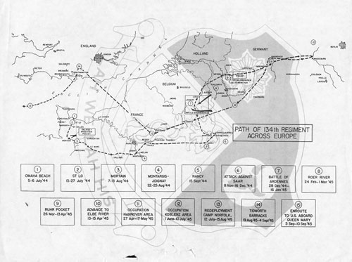 Path of 134th Infantry Regiment Europe WWII