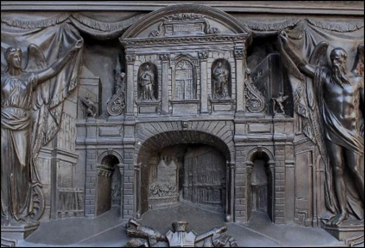 A black relief of a building
Description automatically generated